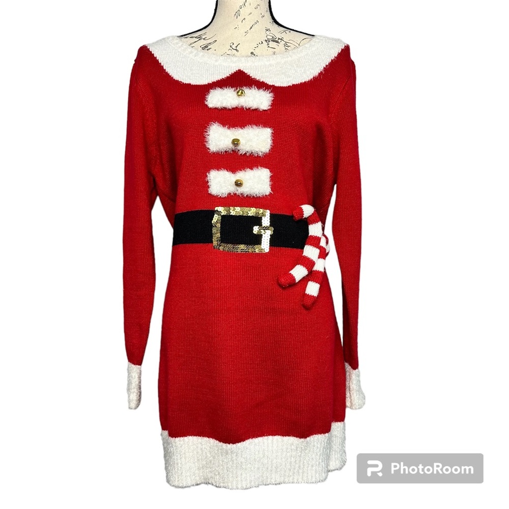 Isela | Red and White Mrs. Santa Christmas Costume Ugly Sweater Dress | Size XL